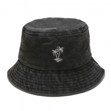 Hommes Coton Vintage Lavé Noix De Coco Brodé Sports De Plein Air Pêche Randonnée Chapeau Seau Chapeau