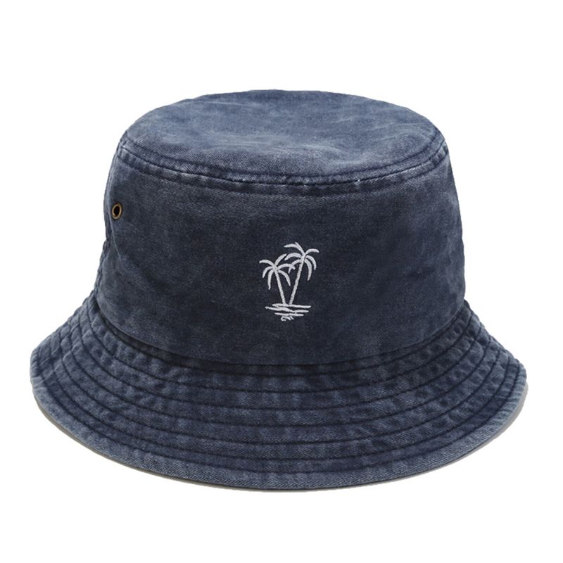 Hommes Coton Vintage Lavé Noix De Coco Brodé Sports De Plein Air Pêche Randonnée Chapeau Seau Chapeau