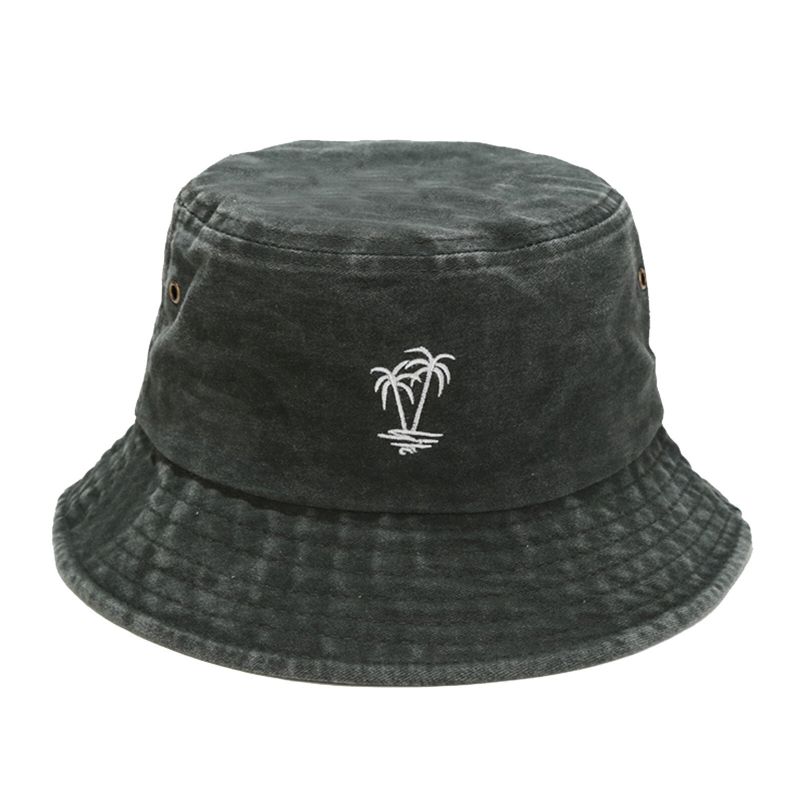 Hommes Coton Vintage Lavé Noix De Coco Brodé Sports De Plein Air Pêche Randonnée Chapeau Seau Chapeau