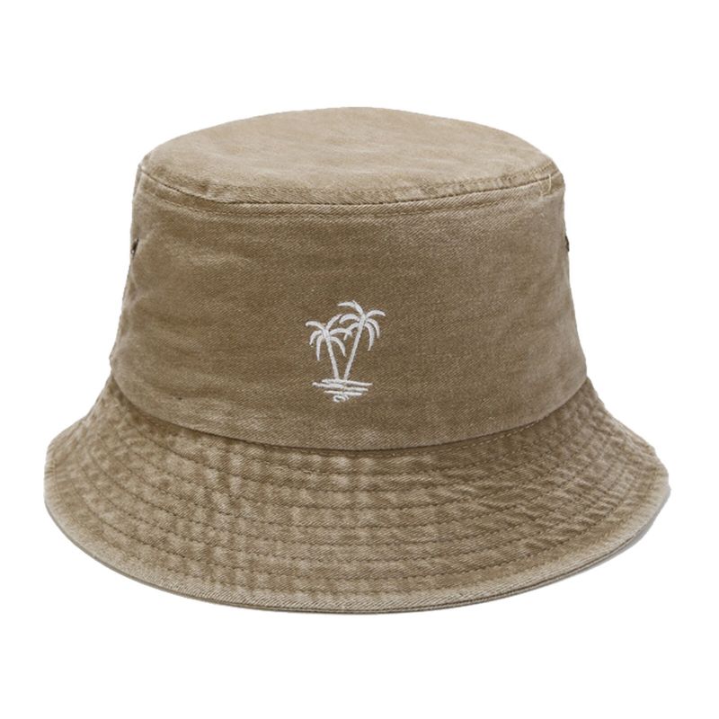 Hommes Coton Vintage Lavé Noix De Coco Brodé Sports De Plein Air Pêche Randonnée Chapeau Seau Chapeau