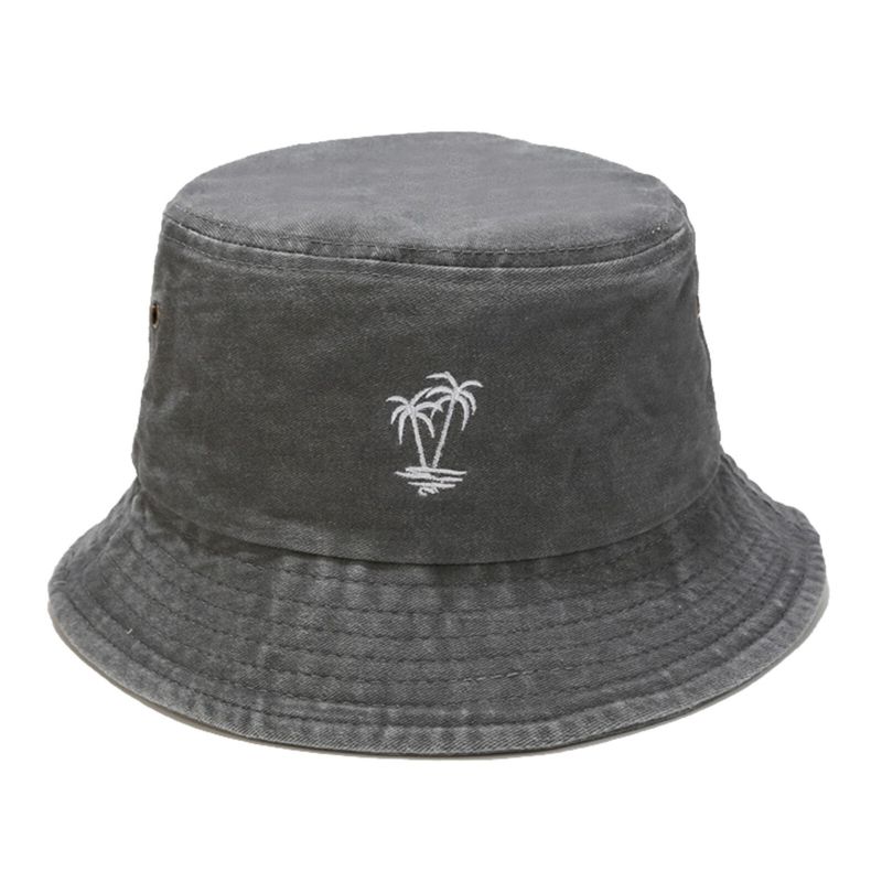 Hommes Coton Vintage Lavé Noix De Coco Brodé Sports De Plein Air Pêche Randonnée Chapeau Seau Chapeau