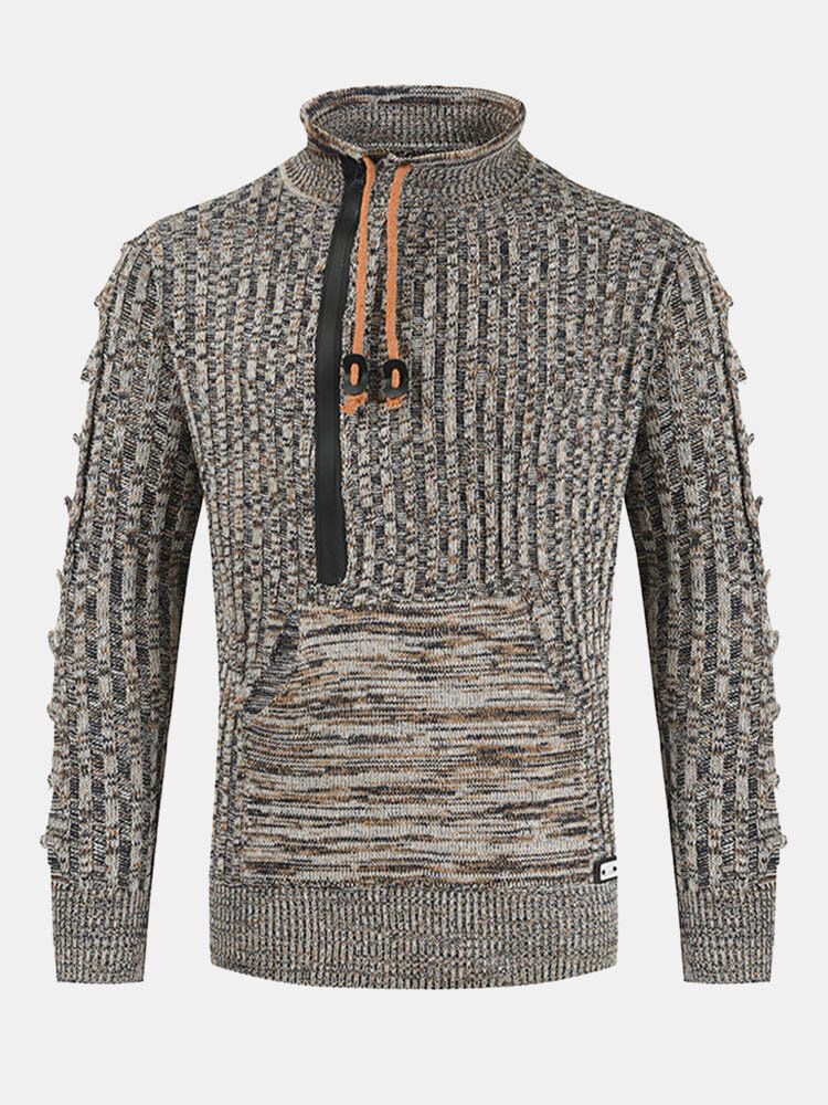 Hommes Coton Vintage Tricot Câble Fermeture Éclair Pull Cordon Poche Kangourou Chandails