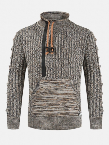 Hommes Coton Vintage Tricot Câble Fermeture Éclair Pull Cordon Poche Kangourou Chandails