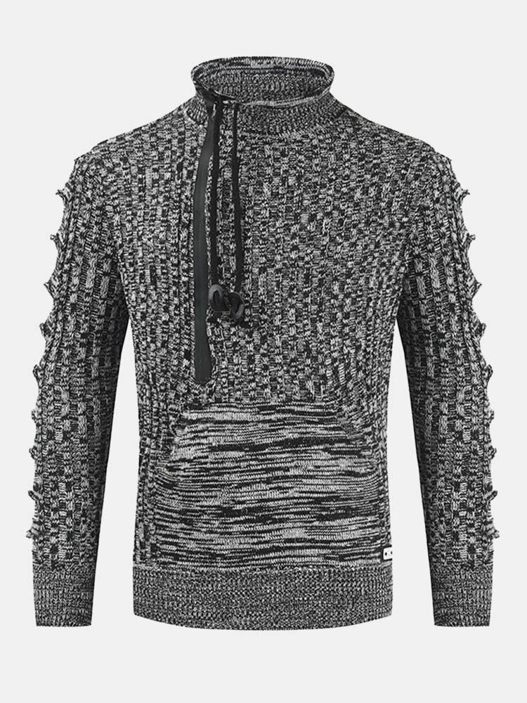 Hommes Coton Vintage Tricot Câble Fermeture Éclair Pull Cordon Poche Kangourou Chandails