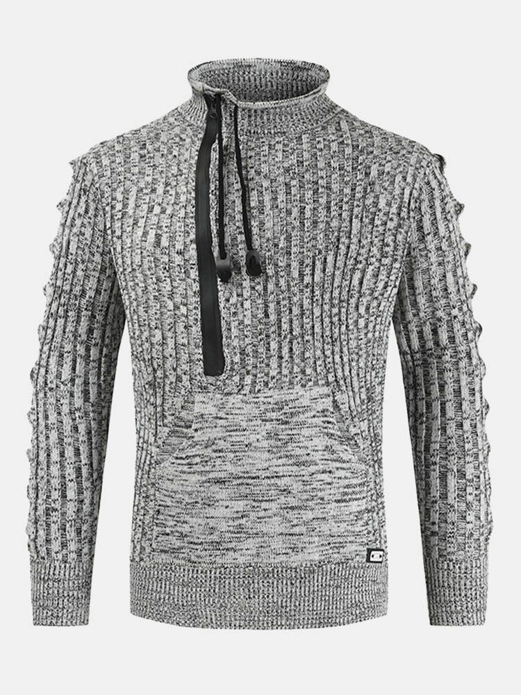 Hommes Coton Vintage Tricot Câble Fermeture Éclair Pull Cordon Poche Kangourou Chandails