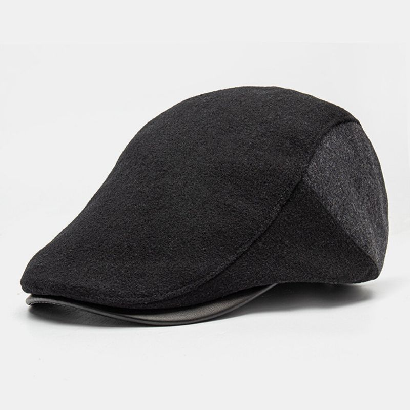 Hommes Couleur Correspondant Cuir Bord Plat Casquette Automne Hiver Chaud Décontracté Sauvage Bérets Avant Chapeau