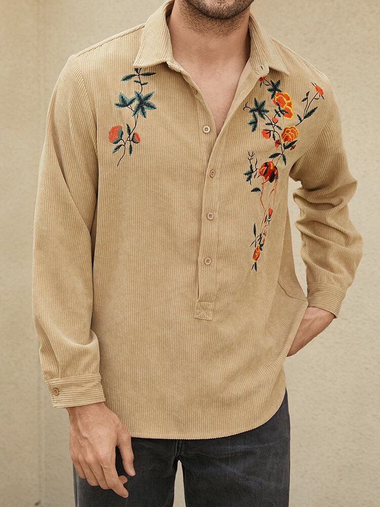 Hommes Couleur Unie Broderie Floral Velours Côtelé Manches Longues Boutons Casual Henley Chemises