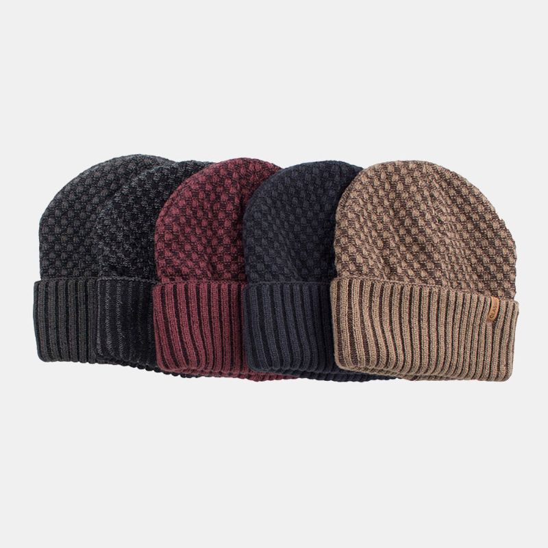 Hommes Couleur Unie Géométrique Jacquard Tricoté Chapeau Décontracté Acrylique Plus Velours Chaud Bonnet Sans Bord