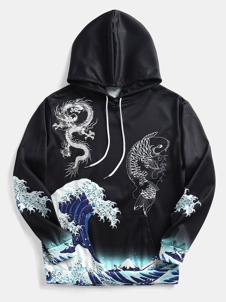 Hommes Coupe-vent Ukiyo-e Element Dragon Wave Pattern Noir Hoodies