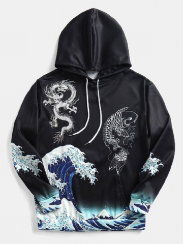 Hommes Coupe-vent Ukiyo-e Element Dragon Wave Pattern Noir Hoodies