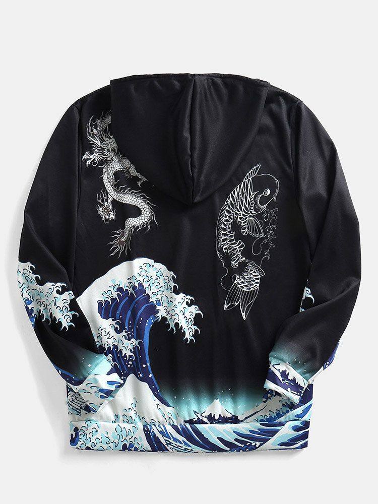 Hommes Coupe-vent Ukiyo-e Element Dragon Wave Pattern Noir Hoodies