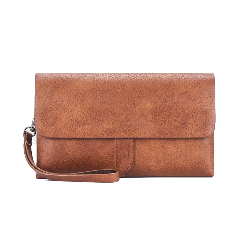 Hommes En Cuir Artificiel Double Couche Portefeuille Multifonctionnel Grande Capacité Bracelet Fermeture Éclair Boucle Magnétique Pochette