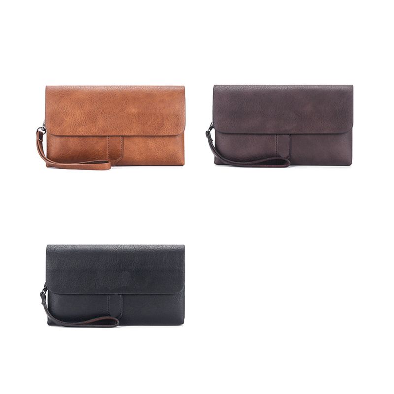 Hommes En Cuir Artificiel Double Couche Portefeuille Multifonctionnel Grande Capacité Bracelet Fermeture Éclair Boucle Magnétique Pochette