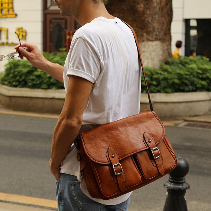 Hommes Cuir Artificiel Vintage Grande Capacité Sac À Bandoulière Rétro Ordinateur Portable Brief Bag