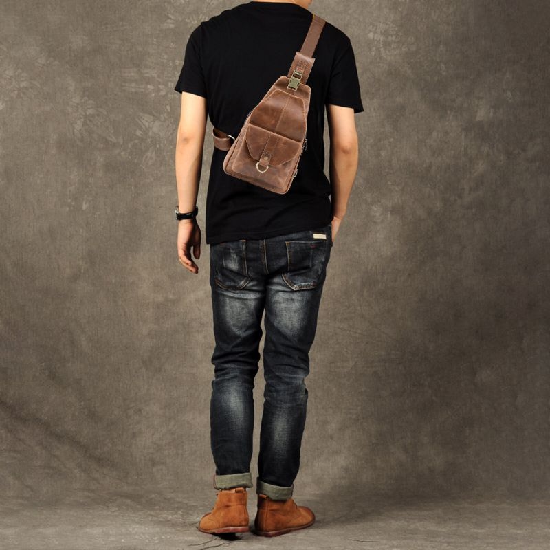 Hommes Cuir Artificiel Vintage Poitrine Sac Multi-compartiments Grande Capacité Fermeture Éclair Sac À Bandoulière Poitrine Sac