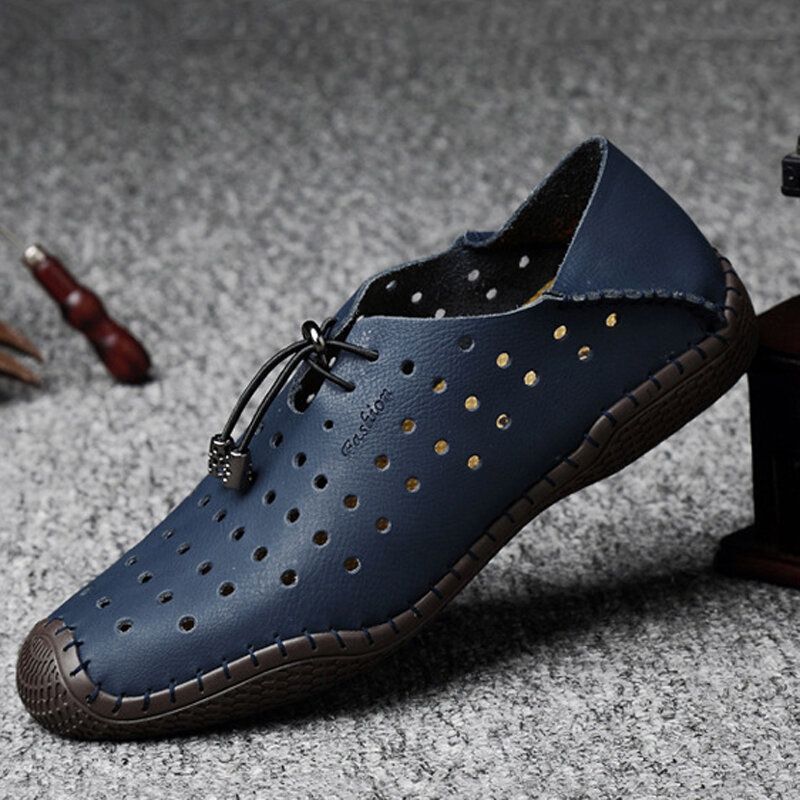 Hommes Cuir Couture À La Main Respirant Évider Doux Confortable Conduite Casual Chaussures