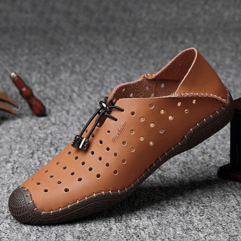 Hommes Cuir Couture À La Main Respirant Évider Doux Confortable Conduite Casual Chaussures