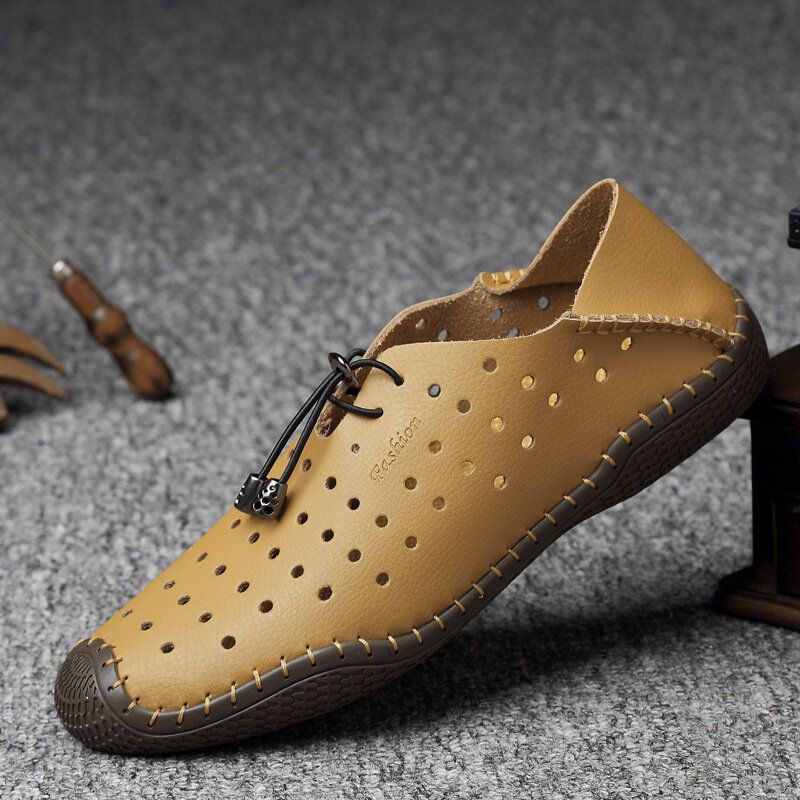 Hommes Cuir Couture À La Main Respirant Évider Doux Confortable Conduite Casual Chaussures