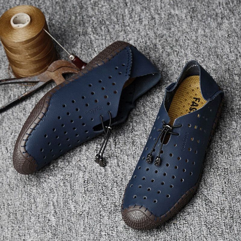 Hommes Cuir Couture À La Main Respirant Évider Doux Confortable Conduite Casual Chaussures