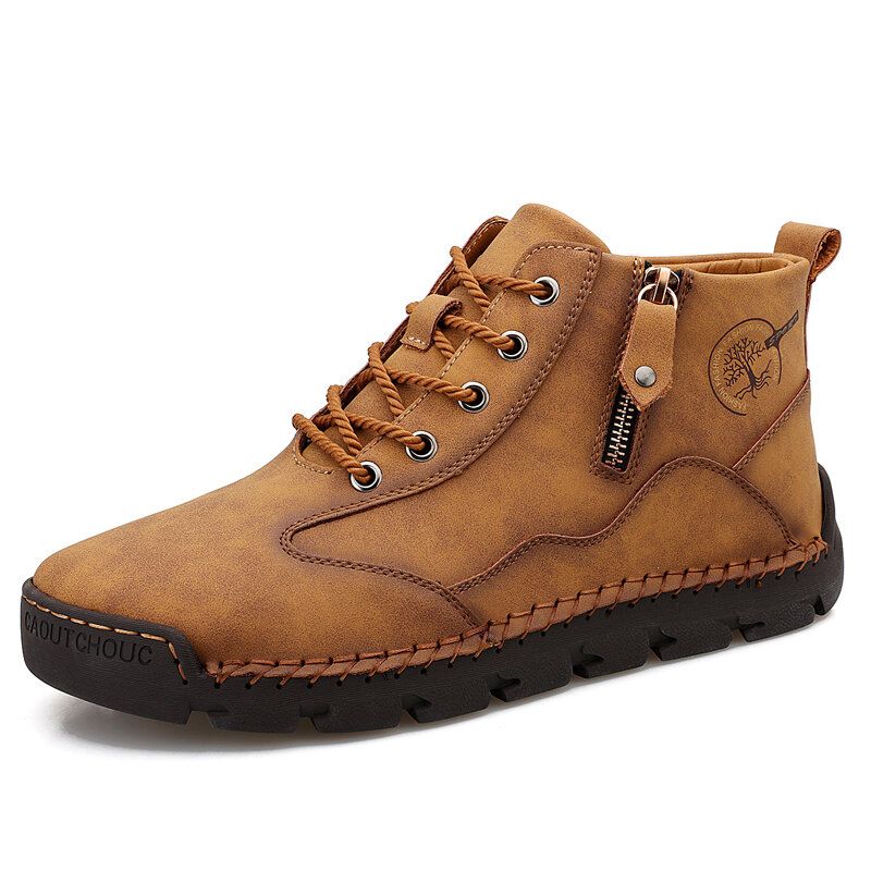 Hommes En Cuir Couture À La Main Respirant Semelle Souple Brève Couleur Pure Fermeture À Glissière À Lacets Chaussures Décontractées