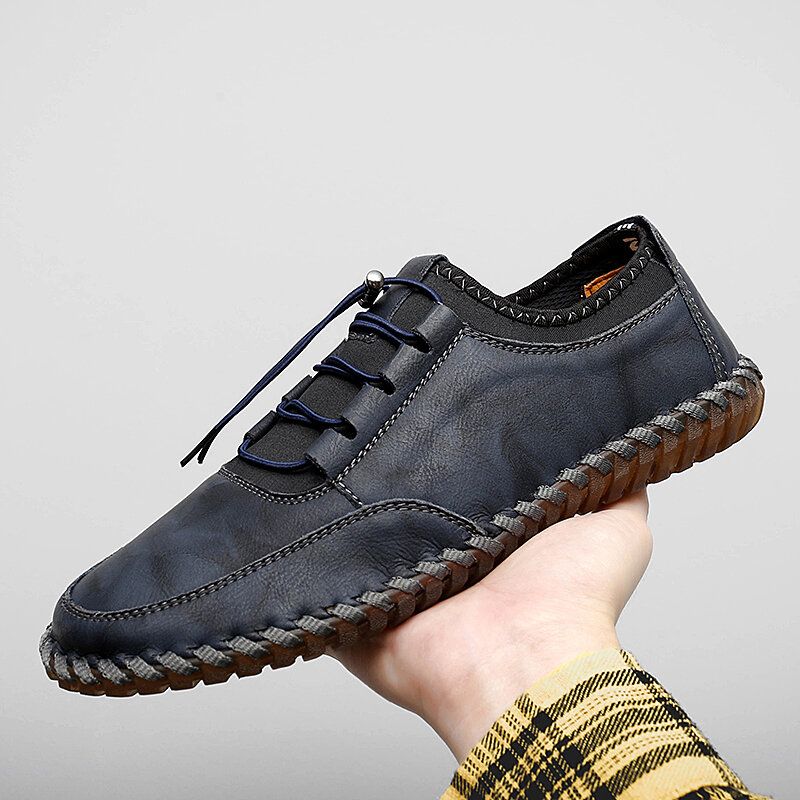 Hommes Cuir Couture À La Main Respirant Semelle Souple Slip Solide Élastique Dentelle Chaussures Décontractées