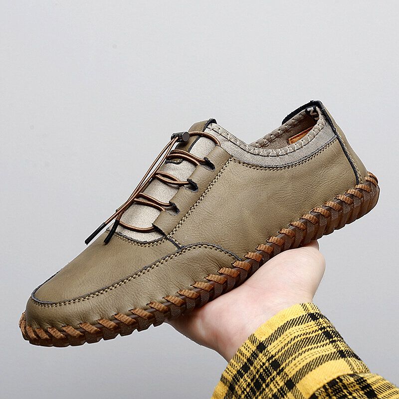 Hommes Cuir Couture À La Main Respirant Semelle Souple Slip Solide Élastique Dentelle Chaussures Décontractées