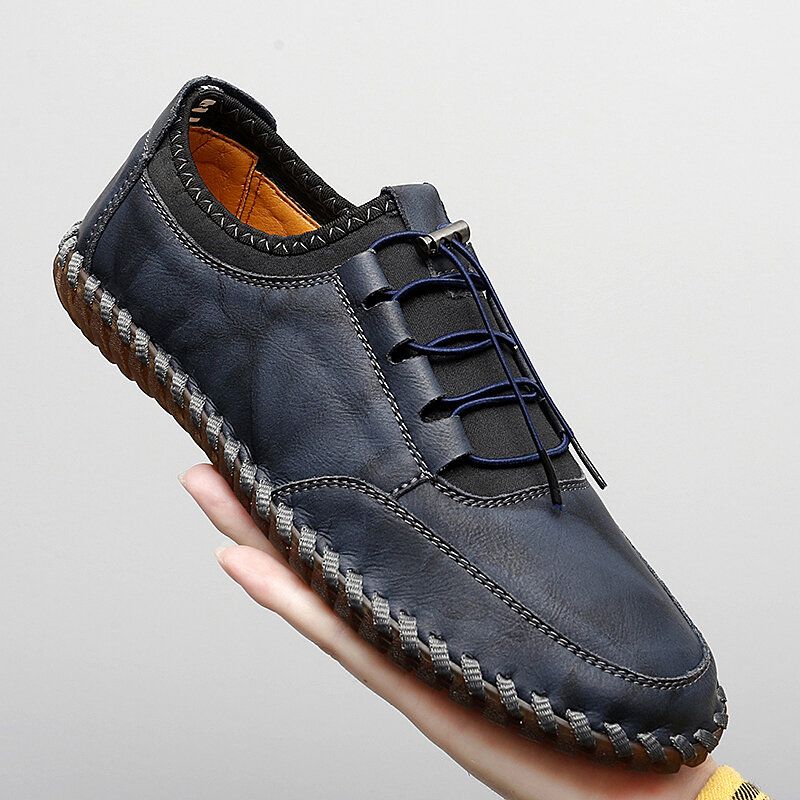 Hommes Cuir Couture À La Main Respirant Semelle Souple Slip Solide Élastique Dentelle Chaussures Décontractées