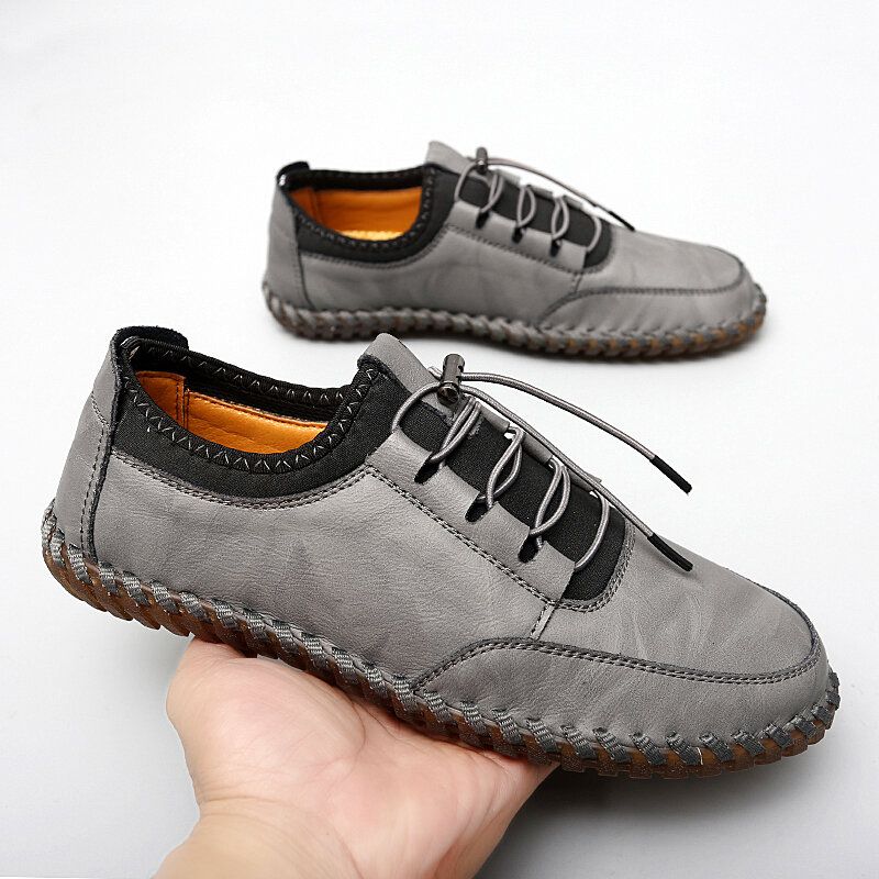 Hommes Cuir Couture À La Main Respirant Semelle Souple Slip Solide Élastique Dentelle Chaussures Décontractées