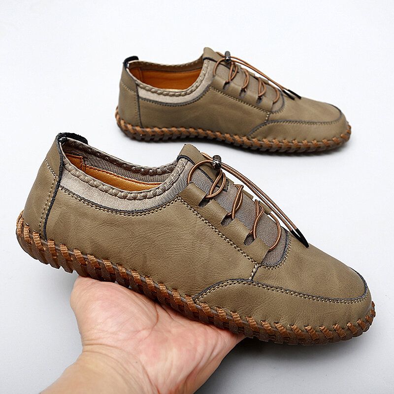 Hommes Cuir Couture À La Main Respirant Semelle Souple Slip Solide Élastique Dentelle Chaussures Décontractées