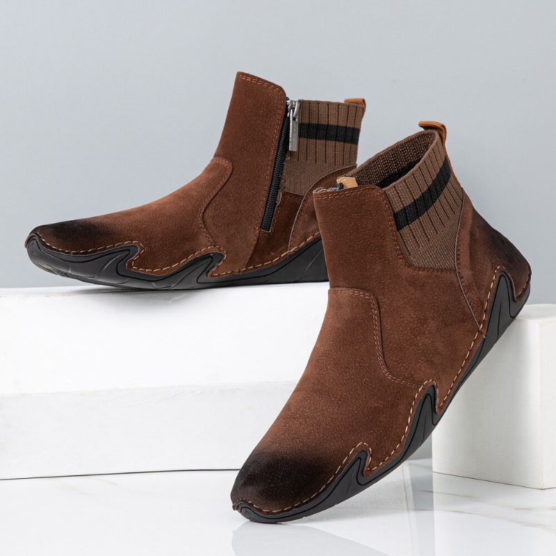 Hommes Cuir Couture À La Main Semelle Souple Bref Épissage Fermeture Éclair Confortable Bottines Décontractées