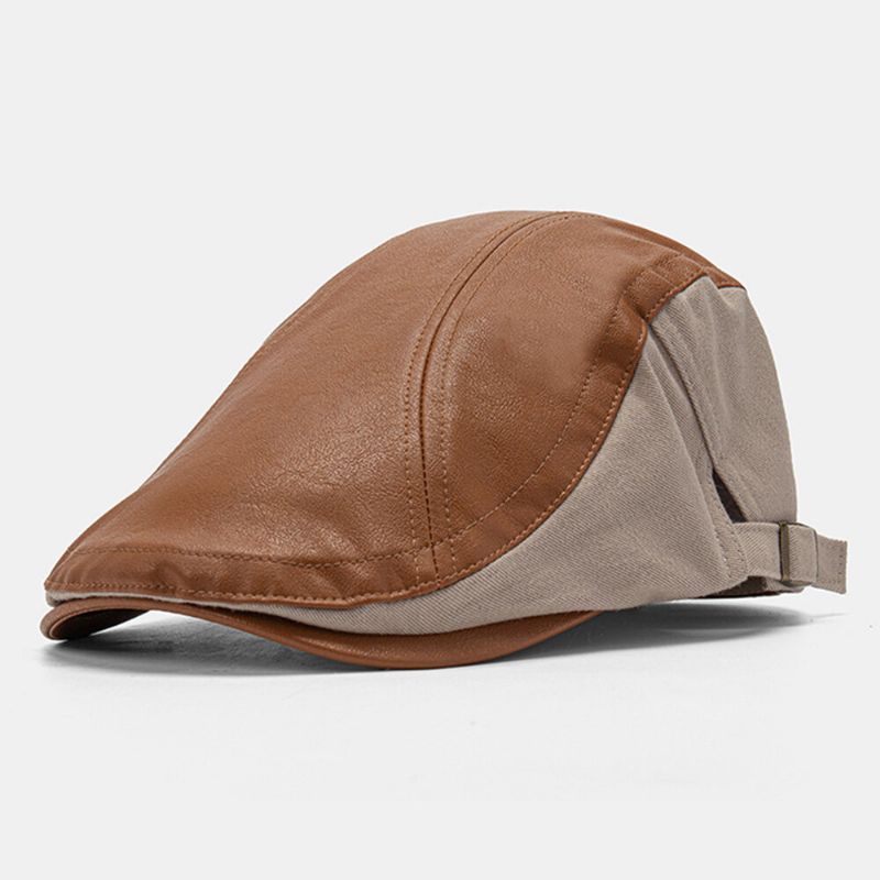 Hommes Cuir Couture Solide Couleur Béret Cap Réglable Pare-soleil Extérieur Casquette Plate Ivy Cap