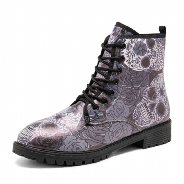 Hommes Cuir Halloween Rétro Floral Crâne Motif Semelle Épaisse À Lacets Doux Confortable Casual Martin Bottes