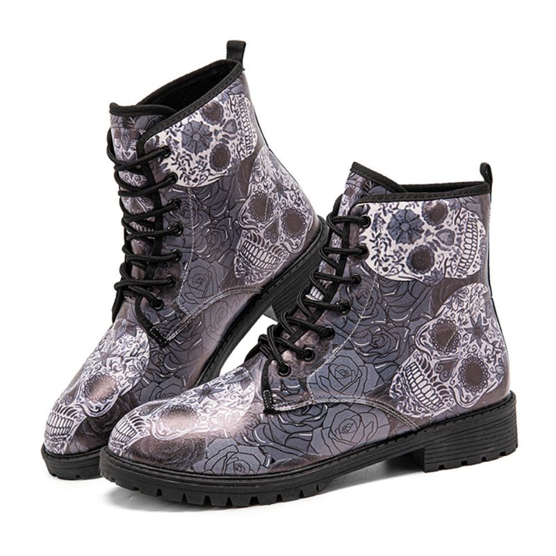 Hommes Cuir Halloween Rétro Floral Crâne Motif Semelle Épaisse À Lacets Doux Confortable Casual Martin Bottes