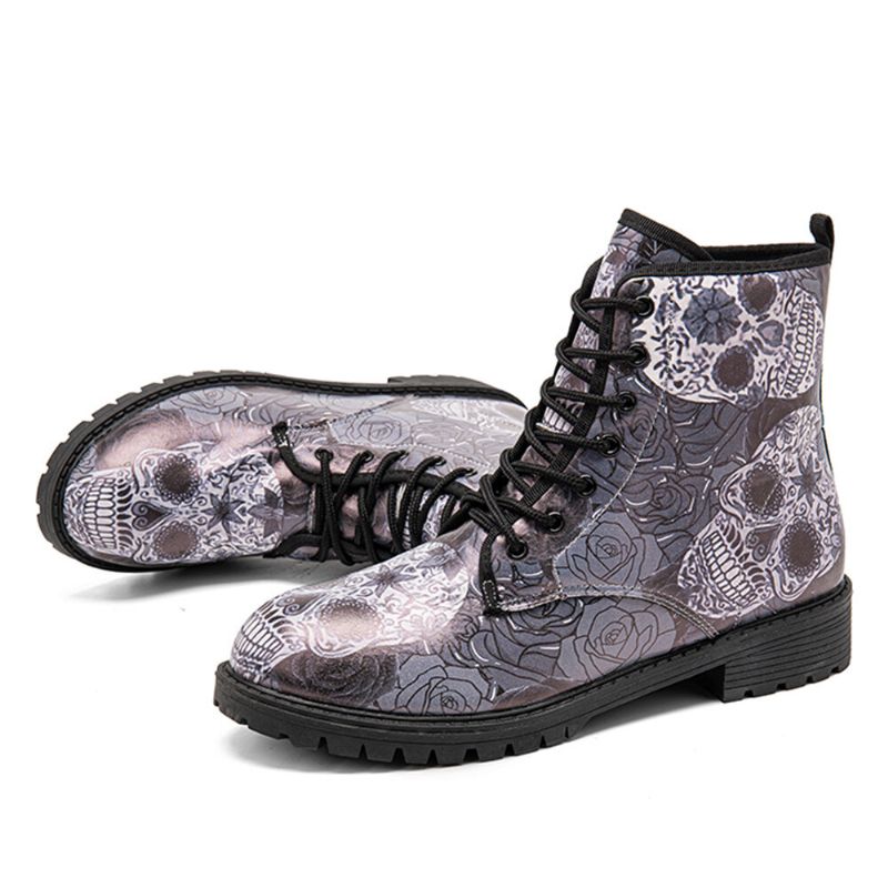 Hommes Cuir Halloween Rétro Floral Crâne Motif Semelle Épaisse À Lacets Doux Confortable Casual Martin Bottes