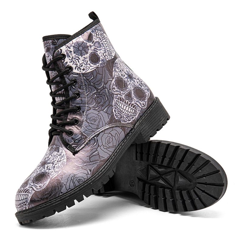 Hommes Cuir Halloween Rétro Floral Crâne Motif Semelle Épaisse À Lacets Doux Confortable Casual Martin Bottes