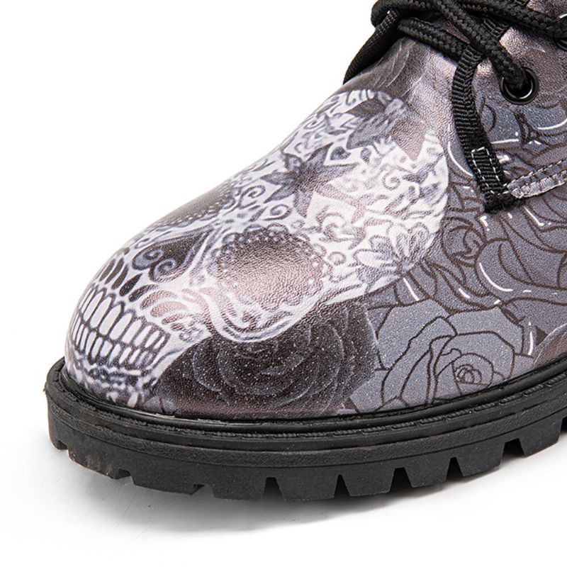 Hommes Cuir Halloween Rétro Floral Crâne Motif Semelle Épaisse À Lacets Doux Confortable Casual Martin Bottes