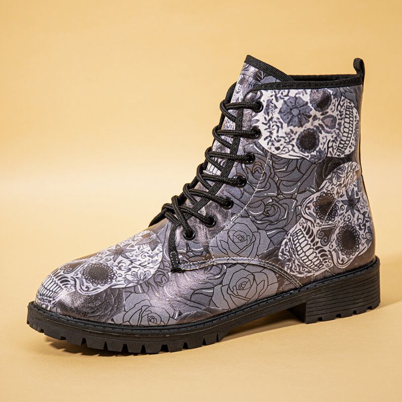 Hommes Cuir Halloween Rétro Floral Crâne Motif Semelle Épaisse À Lacets Doux Confortable Casual Martin Bottes