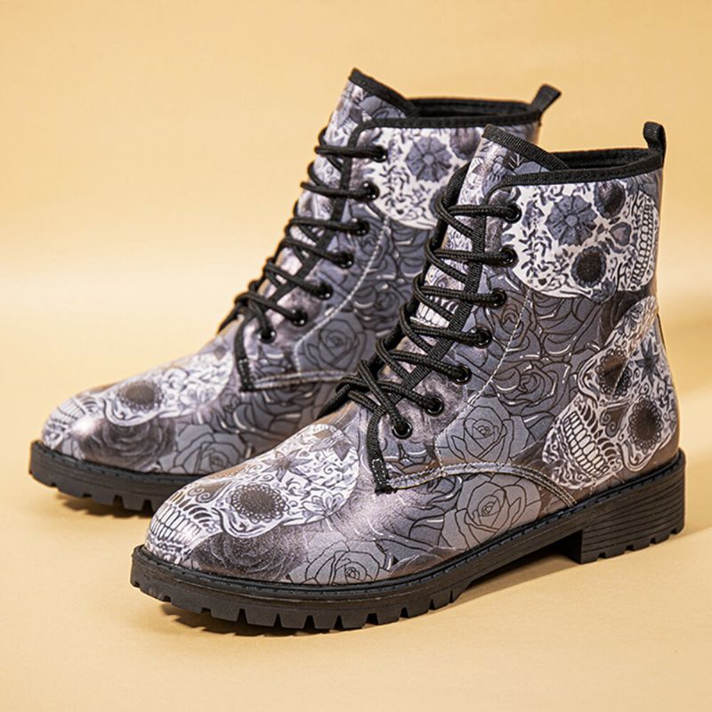 Hommes Cuir Halloween Rétro Floral Crâne Motif Semelle Épaisse À Lacets Doux Confortable Casual Martin Bottes