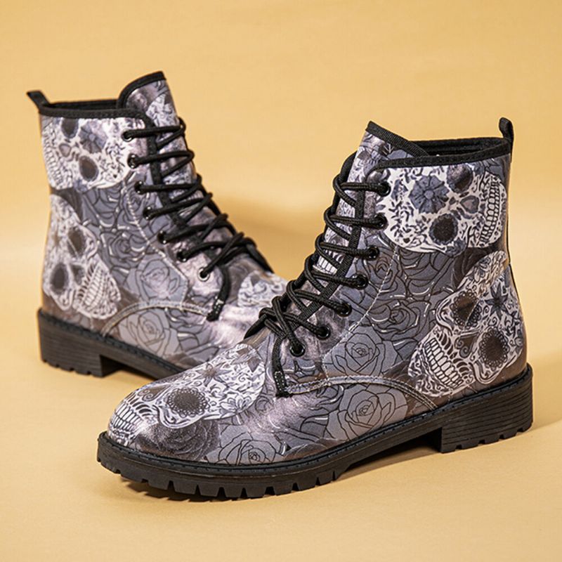 Hommes Cuir Halloween Rétro Floral Crâne Motif Semelle Épaisse À Lacets Doux Confortable Casual Martin Bottes