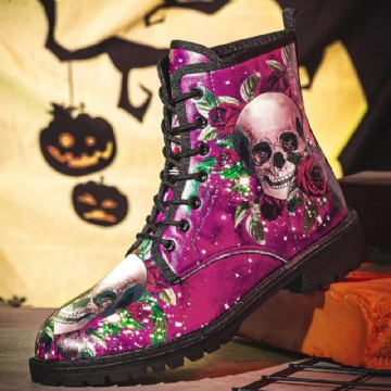 Hommes Cuir Halloween Semelle Souple Bout Rond Drôle Crâne Impression Casual Martin Bottes