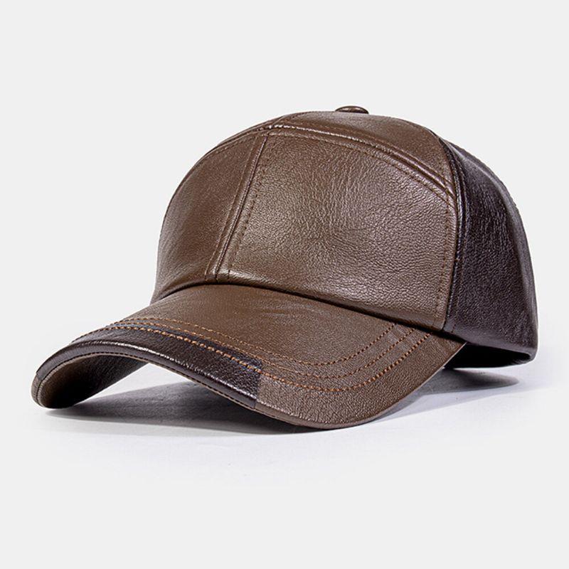 Hommes En Cuir Pu Couleur Couture Dôme Casquette De Baseball Extérieur Décontracté Parasol Réglable Chapeau