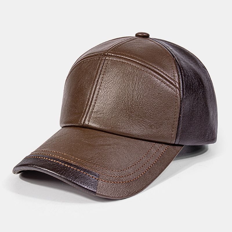 Hommes En Cuir Pu Couleur Couture Dôme Casquette De Baseball Extérieur Décontracté Parasol Réglable Chapeau