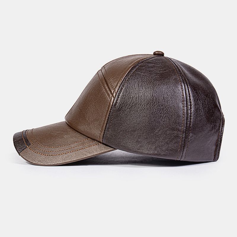 Hommes En Cuir Pu Couleur Couture Dôme Casquette De Baseball Extérieur Décontracté Parasol Réglable Chapeau