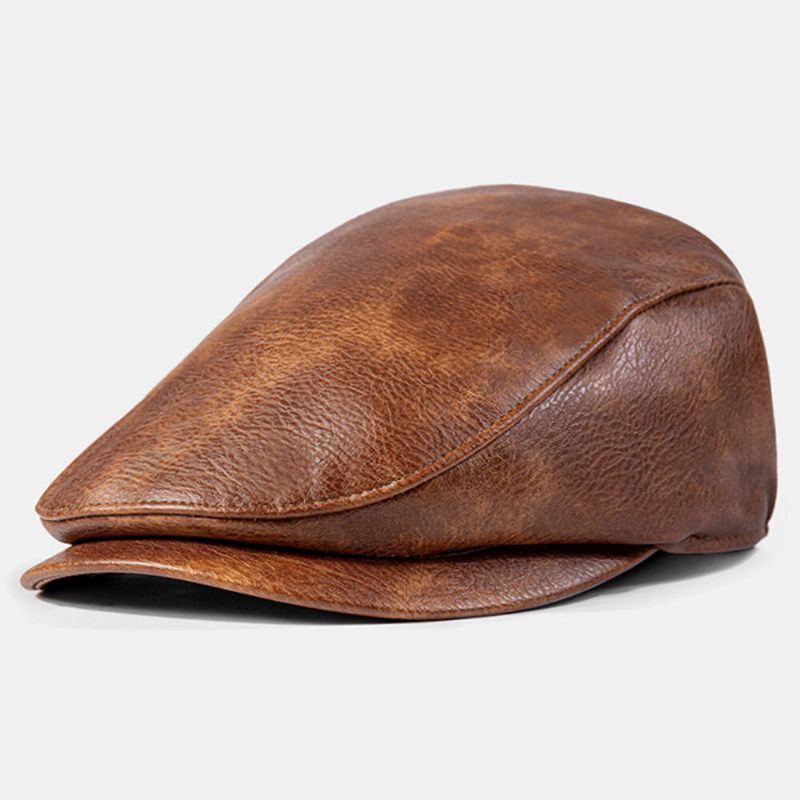 Hommes En Cuir Pu Couleur Unie Absorber La Sueur Respirant Béret Casquette Plate Décontracté Chaleur Gavroche Chapeau Avant Chapeau