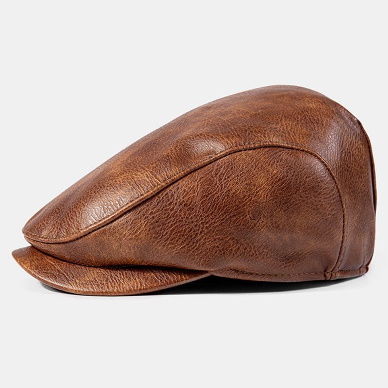 Hommes En Cuir Pu Couleur Unie Absorber La Sueur Respirant Béret Casquette Plate Décontracté Chaleur Gavroche Chapeau Avant Chapeau