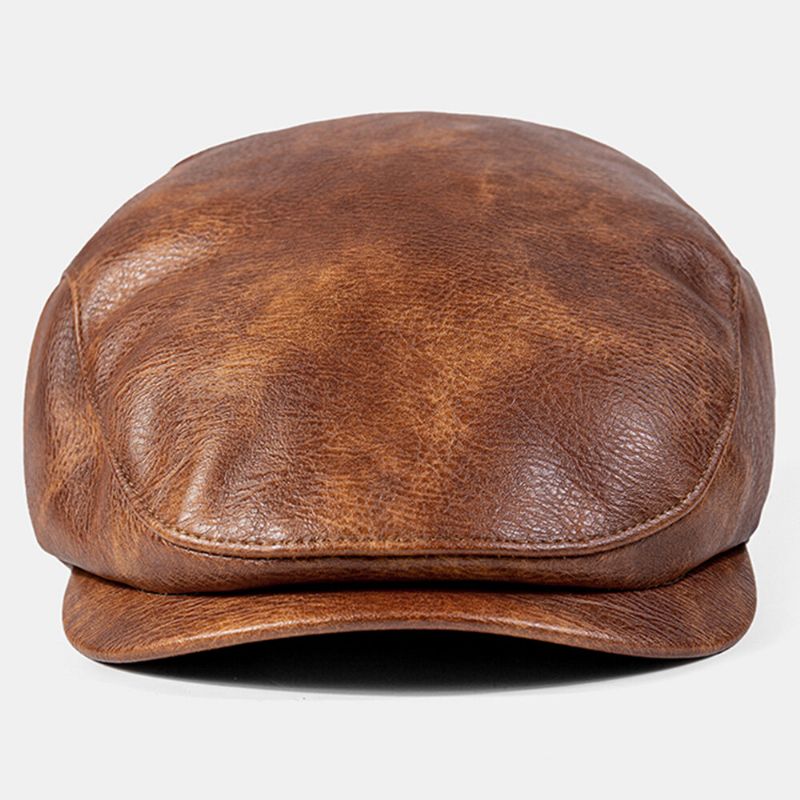 Hommes En Cuir Pu Couleur Unie Absorber La Sueur Respirant Béret Casquette Plate Décontracté Chaleur Gavroche Chapeau Avant Chapeau