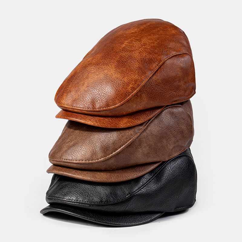 Hommes En Cuir Pu Couleur Unie Absorber La Sueur Respirant Béret Casquette Plate Décontracté Chaleur Gavroche Chapeau Avant Chapeau