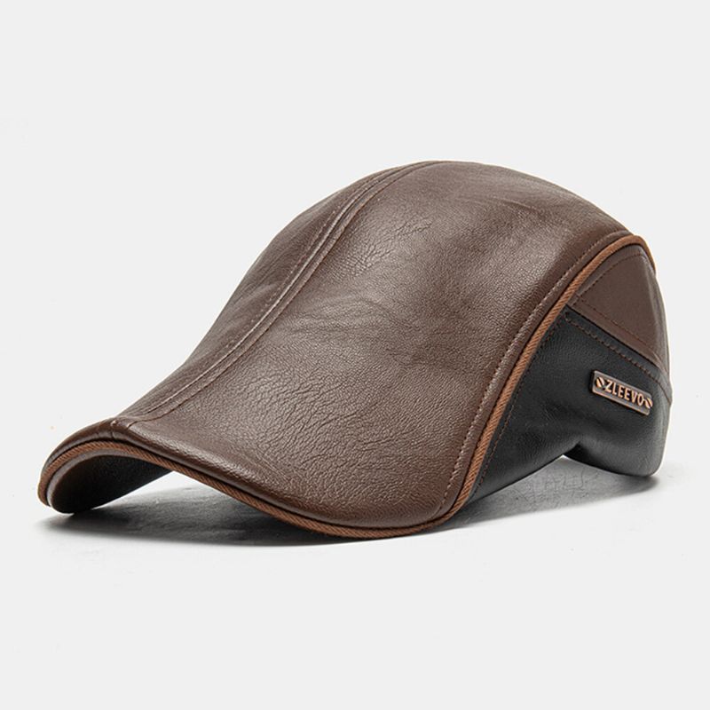 Hommes En Cuir Pu Double Couche Réglable Béret Casquette Lettre Étiquette Sauvage Crème Solaire Gavroche Chapeau Conduite Chasse Chapeau