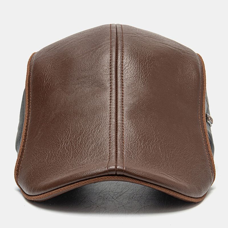 Hommes En Cuir Pu Double Couche Réglable Béret Casquette Lettre Étiquette Sauvage Crème Solaire Gavroche Chapeau Conduite Chasse Chapeau