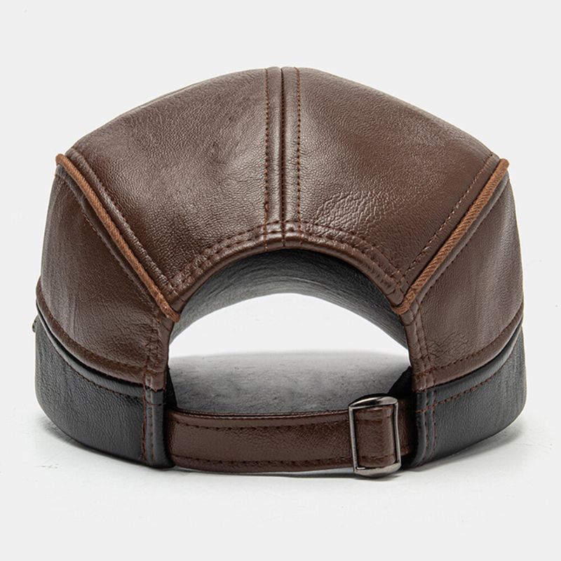 Hommes En Cuir Pu Double Couche Réglable Béret Casquette Lettre Étiquette Sauvage Crème Solaire Gavroche Chapeau Conduite Chasse Chapeau